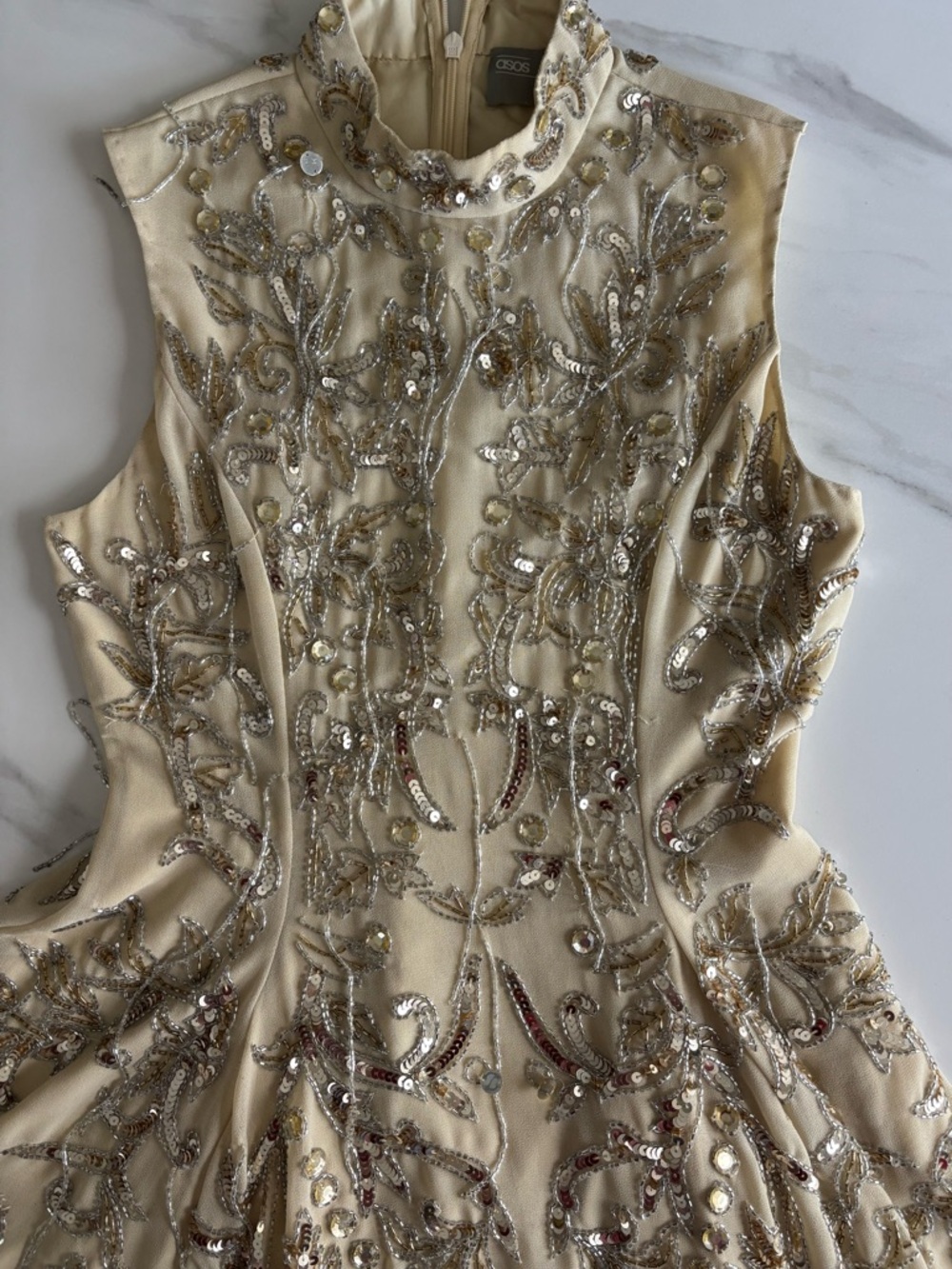 ASOS Cream Mini Dress with Gold Sequin Bead Embroidery Sz 4 - Picture 5 of 14